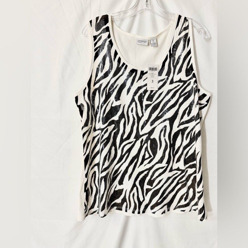 NWT Zenergy By Chico’s Black And White Zebra Print Sequin Tank Top Size 3